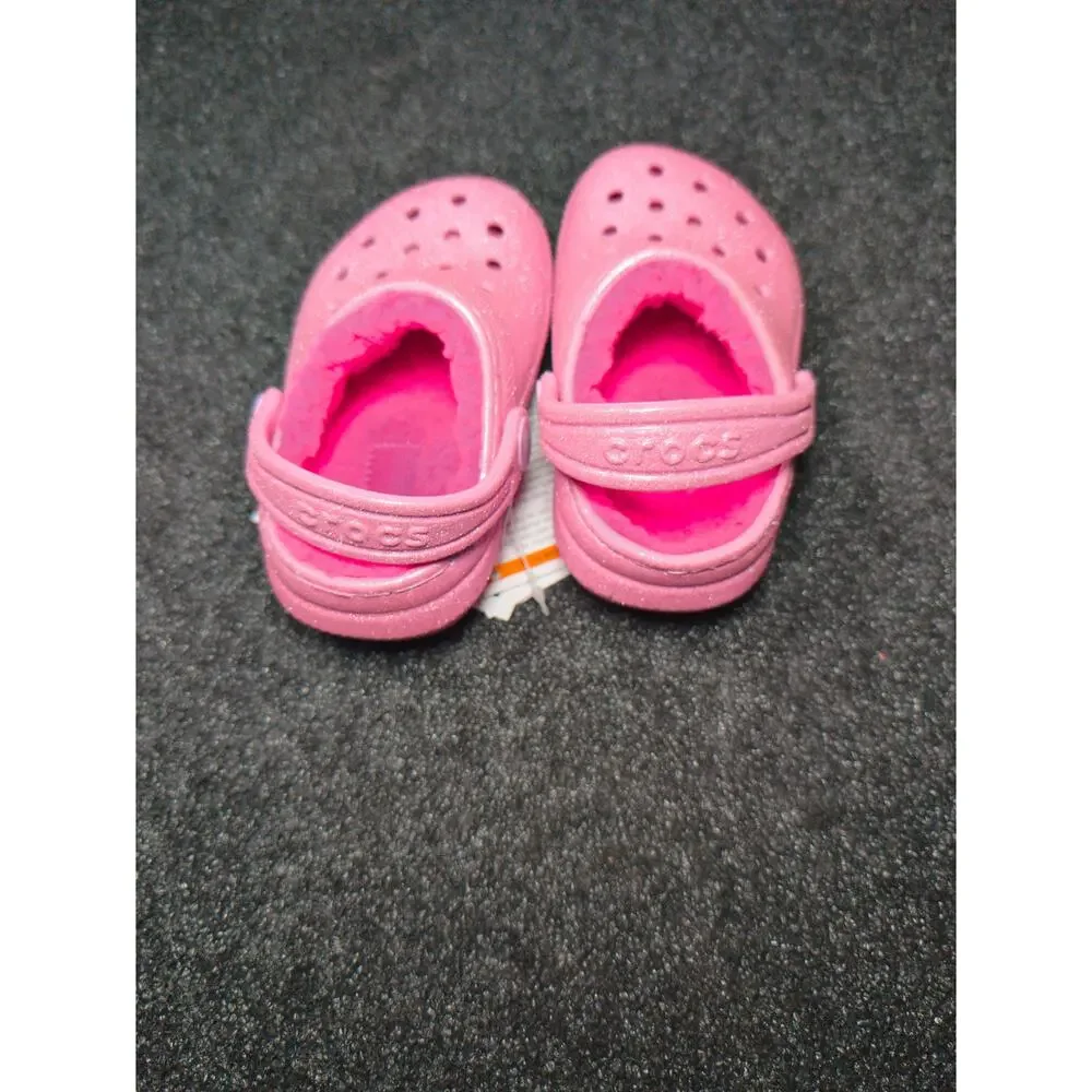 Crocs Classic Lined Glitter Clog Pink Tweed Toddler C5 Fuzzy Shoes NWT